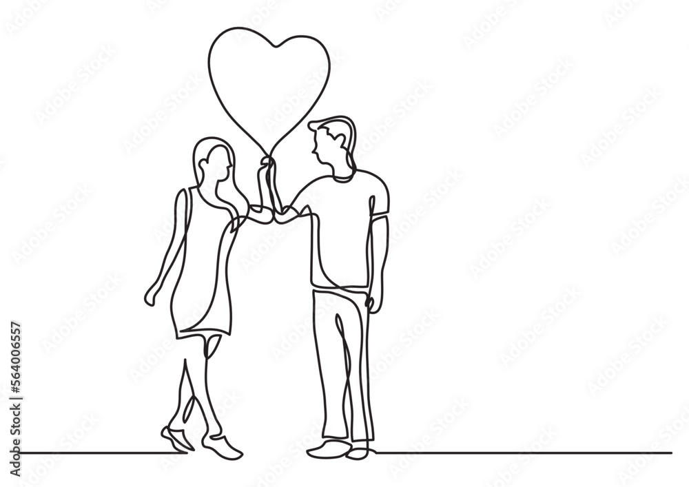 continuous line drawing vector illustration with FULLY EDITABLE STROKE - happy lovers with heart balloon