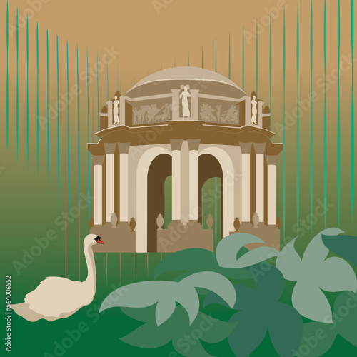 Palace of Fine Arts at San Francisco California. Leisure goose in pond, isolated vector & layer illustration for poster, wall art, sticker and any souvenir