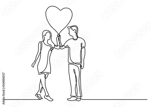 continuous line drawing vector illustration with FULLY EDITABLE STROKE - happy lovers with heart balloon