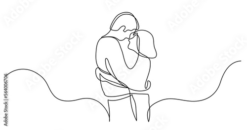 continuous line drawing vector illustration with FULLY EDITABLE STROKE - of loving couple of young man and woman hugging each other