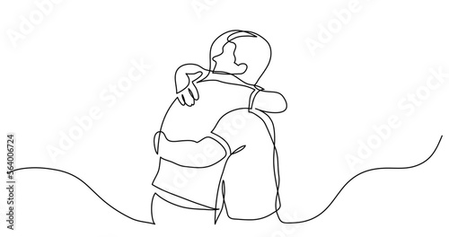 continuous line drawing vector illustration with FULLY EDITABLE STROKE - of men friends hugging each other