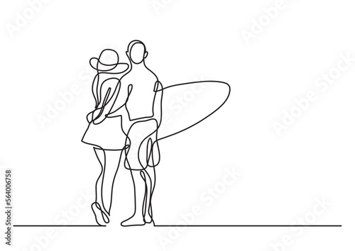 continuous line drawing vector illustration with FULLY EDITABLE STROKE - young couple standing on beach with surfboard