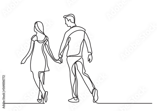 continuous line drawing vector illustration with FULLY EDITABLE STROKE - young couple walking