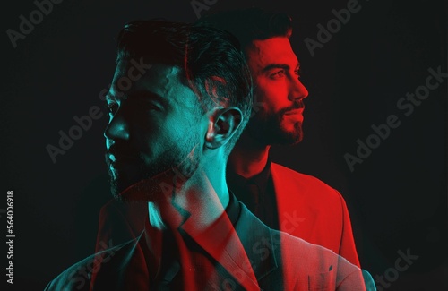 Bild auf Leinwand Fashion, double exposure and face of man with neon lighting in vintage clothes, elegant and classy suit