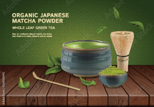 Realistic Detailed 3d Organic Japanese Matcha Powder Ads Banner Concept Poster Card Whole Leaf Green Tea. Vector illustration