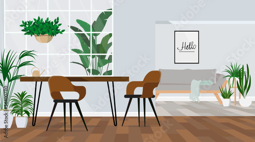 Stylish and botany interior of dining room with table, chairs, a lot of plants.