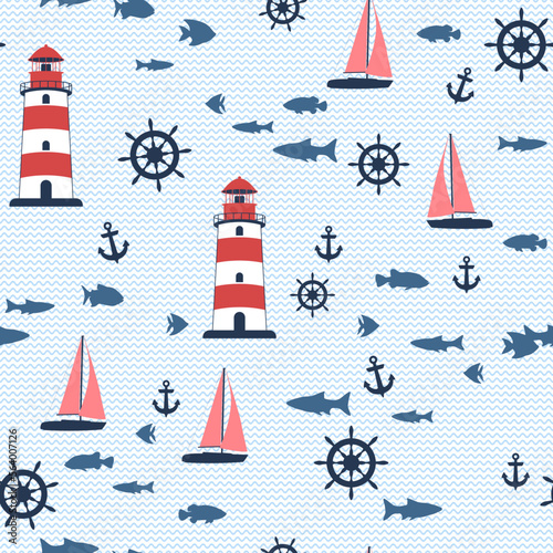 Lighthouse, yacht and fish vector illustration. Red beacon on waves seamless pattern.