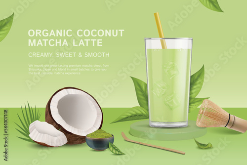 Realistic Detailed 3d Organic Coconut Matcha Latte Ads Banner Concept Poster Card. Vector illustration of Alternative Milk