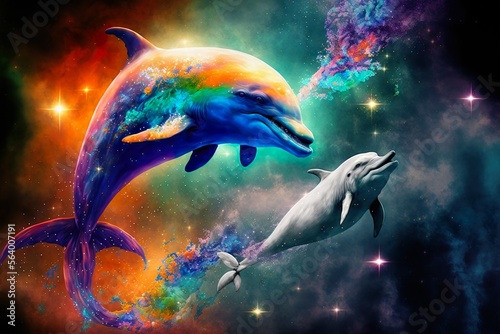 A couple of dolphins are swimming in the water, a surrealist painting, deviantart, pop surrealism, seapunk, psychedelic, vaporwave. photo