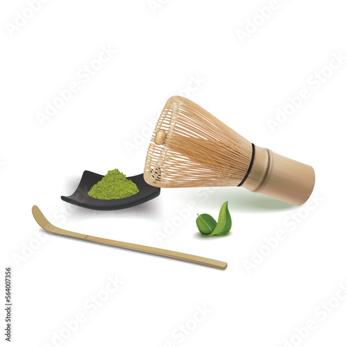 Realistic Detailed 3d Matcha Powder on Black Plate, Chashaku and Bamboo Whisk Japanese Tea Concept. Vector illustration