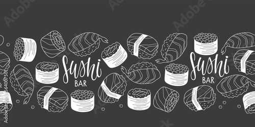 Seamless Japan food border. Fresh sushi set with sushi bar lettering white isolated on black background. Asian food Vector linear sketch illustration For menu, recipe, cafe, restaurant, wallpaper