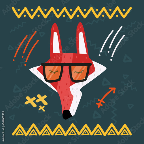 Doodle style flat vector cartoon fox with glasses.  Wallpaper, flyers, invitation, posters, brochure, banners, fabric, packaging, textiles,  clothing.