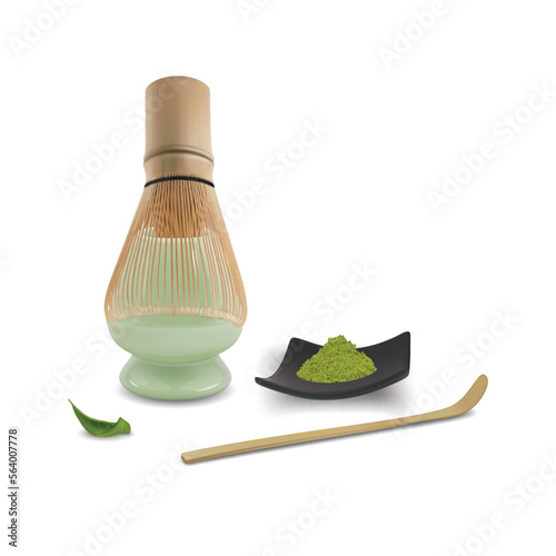Realistic Detailed 3d Matcha Powder on Black Plate, Tea Scoop and Whisk Made of Bamboo Japanese Tea Concept. Vector illustration