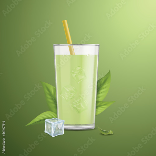Realistic Detailed 3d Japanese Matcha Latte Glass Cup with Straw, Leaves and Ice Cubes. Vector illustration