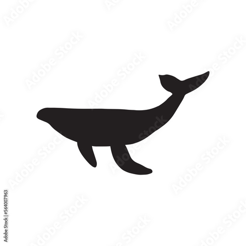 Whale, black silhouette ocean animal. Sealife in Scandinavian style on a white background. Great for poster, card, apparel print. Vector illustration