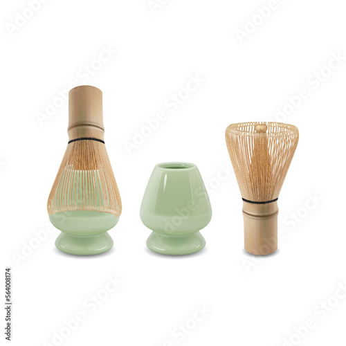 Realistic Detailed 3d Bamboo Whisk Set Japanese Matcha Tea Ceremony Concept. Vector illustration of Chasen