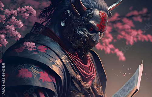 Artistic illustration, samurai with a book wearing an Oni demon mask. Surrounded by nature