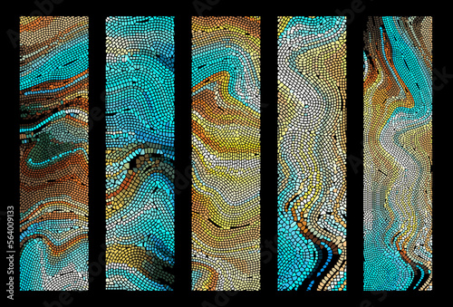 Set of blue and orange mosaic artwork backgrounds - vector design of ancient  mosaic pavement graphic templates kit