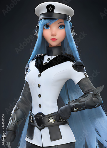Esdeath, Akame Ga Kill, 3D art, portrait of a woman with long blue hair in military uniform, woman in police uniform photo