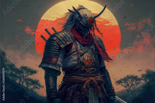 Artistic illustration, samurai before the battle. Nature of the East. AI generation