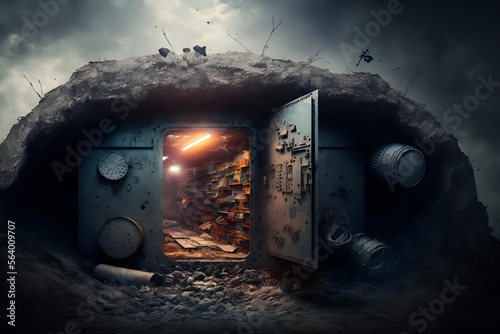 Fotografiet Landscape of a doomsday underground bunker, apocalyptic, generative ai