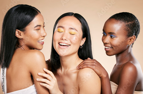 Fotobehang Happy, friends and beauty in studio for wellness, hygiene and creative grooming on brown background