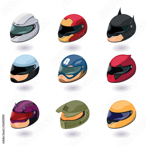 vector isometric illustration of a set of racing motorcycle helmets on a white background