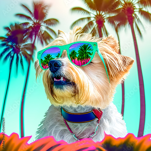 Funny Miami Style Dog whit sunglasses and palm trees illustration Generative AI © PaputekWallArt