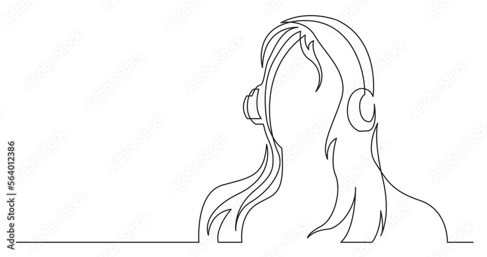 continuous line drawing vector illustration with FULLY EDITABLE STROKE of long hair woman listening music in headphones