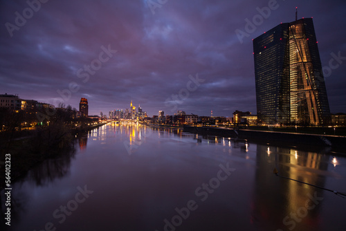 The skyline of Frankfurt in Germany after sunset