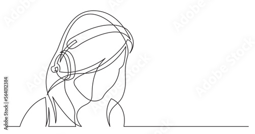 continuous line drawing vector illustration with FULLY EDITABLE STROKE of long hair style woman relaxing listening music in headphones
