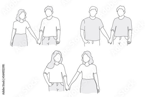 A couple of people holding hands. Men and women in love. The concept of tolerance, equality, and LGBT rights. Vector graphics.