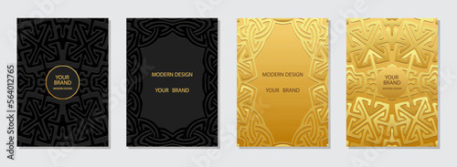 Set of ethnic covers, vertical templates in boho style. Creative collection of relief geometric backgrounds with 3D pattern, doodle and zentangle technique, tribal golden texture. Press paper.
