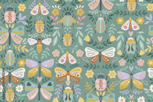 COLORFUL BUTTRTFLY, MOTH, CRITTERS, BEEETLE, LEAVES AND FLORA AND FAUNA NATURE SEAMLESS PATTERN IN EDITABLE FILE