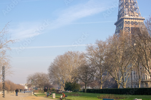 Park near the Eiffel Tower in winter in Paris, France