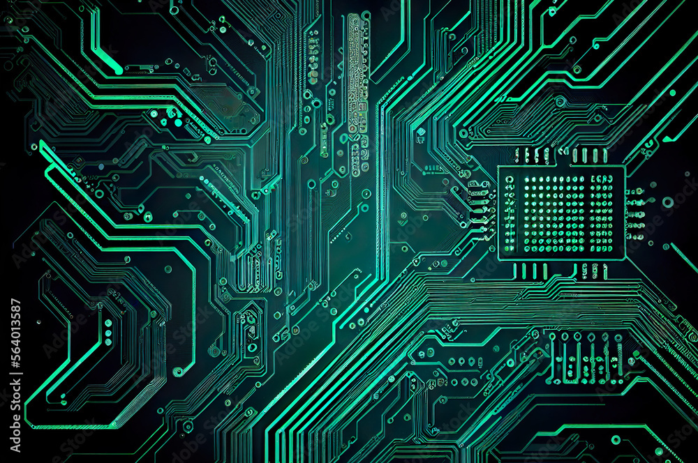 Information technology concept. Circuit board, motherboard background with green tech lines, generative AI