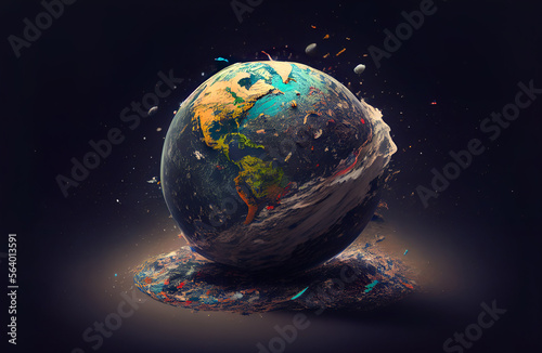 Earth globe with waste  trash  garbage flying around. Polluted planet. Eco problem  environment danger concept  generative AI