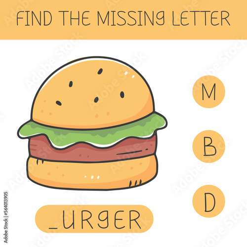 Find the missing letter is an educational game for kids with a burger. Cute cartoon burger. Practicing English alphabet. Vector illustration.