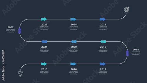Timeline infographic with 11 elements template for web on a black background, business, presentation vector illustration
