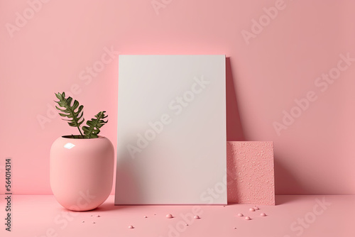 White sheet of paper leaned back on pink wall. Empty letter. Valentine's day design. Generative AI