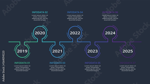 Timeline infographic with 7 elements template for web on a black background, business, presentation, vector illustration