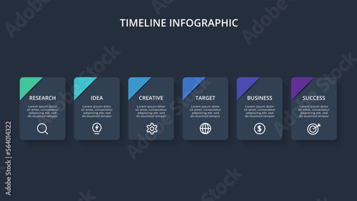 Timeline infographic with 6 elements template for web on a black background, business, presentation, vector illustration