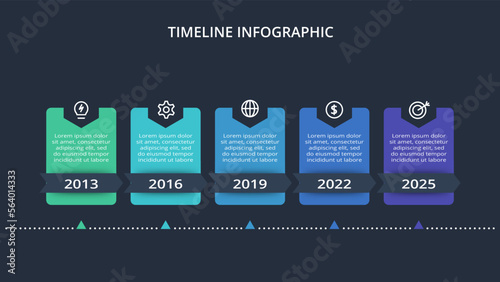 Timeline infographic with 5 elements template for web on a black background, business, presentation, vector illustration