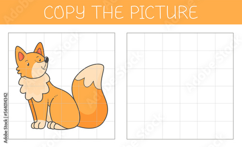 Copy the picture is an educational game for kids with a fox. Cute cartoon character fox. Vector illustration.