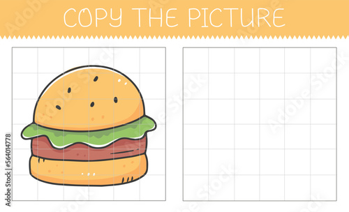 Copy the picture is an educational game for kids with a burger. Cute cartoon burger. Vector illustration.