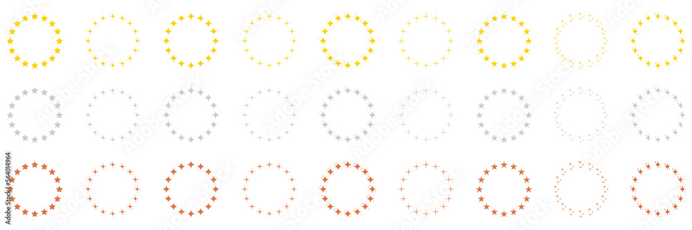 Stars in Circle Shape Silhouette Icon Set. Round Award Frame with Gold, Silver and Bronze Stars Pictogram. Circular Decor Ornament Icon on White Background. Isolated Vector Illustration Stars in Circle Shape Silhouette Icon Set. Round Award Frame with Gold, Silver and Bronze Stars Pictogram. Circular Decor Ornament Icon on White Background. Isolated Vector Illustration