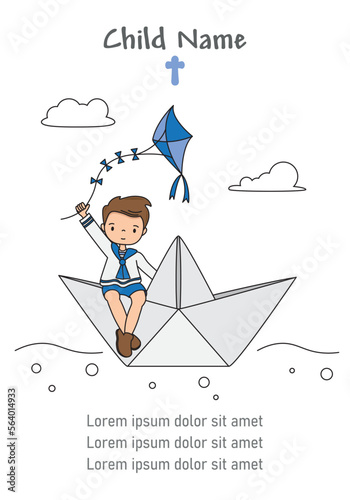 Card my first communion. Boy in paper boat with a kite