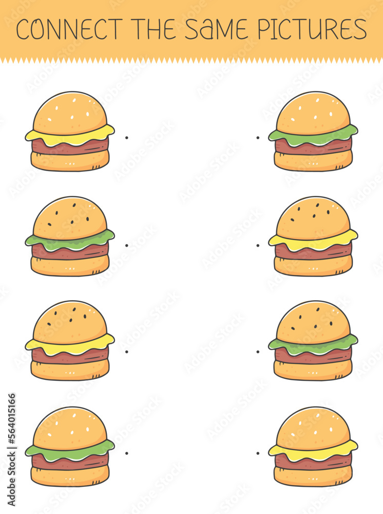 Connect the same pictures game with a cute cartoon burger. Children's game with a hamburger. Vector illustration.