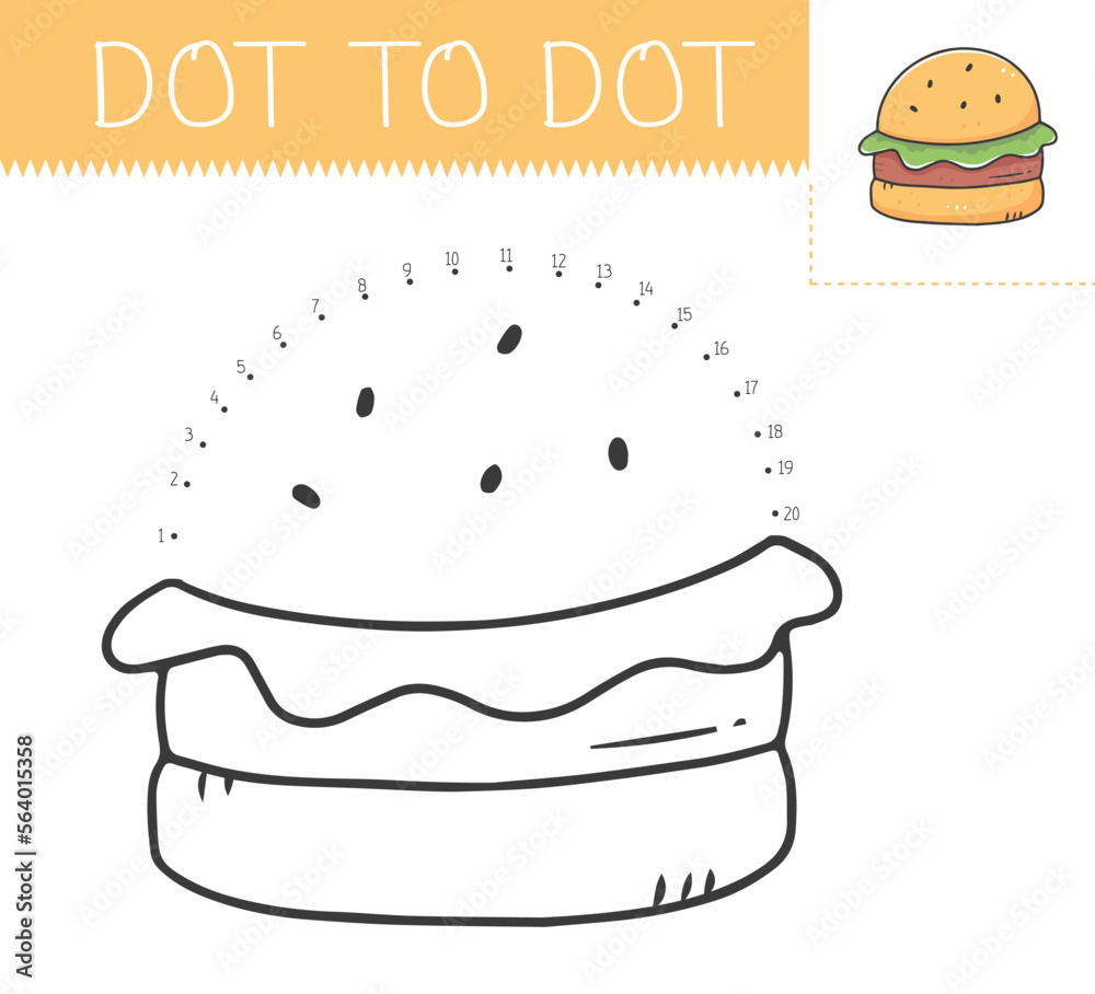 Dot to dot game coloring book with burger for kids. Coloring page with a cute cartoon hamburger. Vector illustration. Dot to dot game coloring book with burger for kids. Coloring page with a cute cartoon hamburger. Vector illustration.