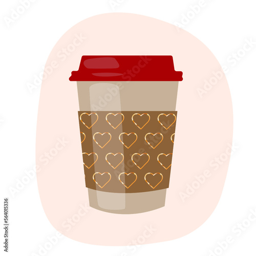 Paper cup with gold hearts. Love coffee paper cup with hearts.Vector illustration in flat cartoon style